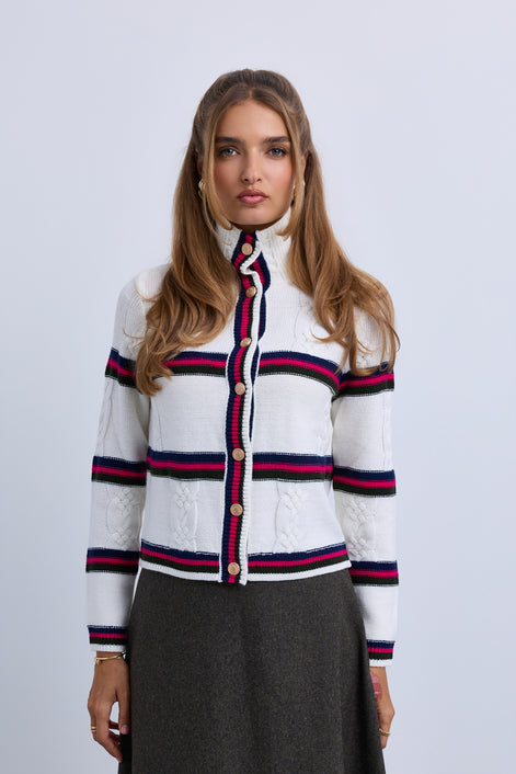 Cable Design Wide Collar Buttoned Cardigan with Stripe Insets