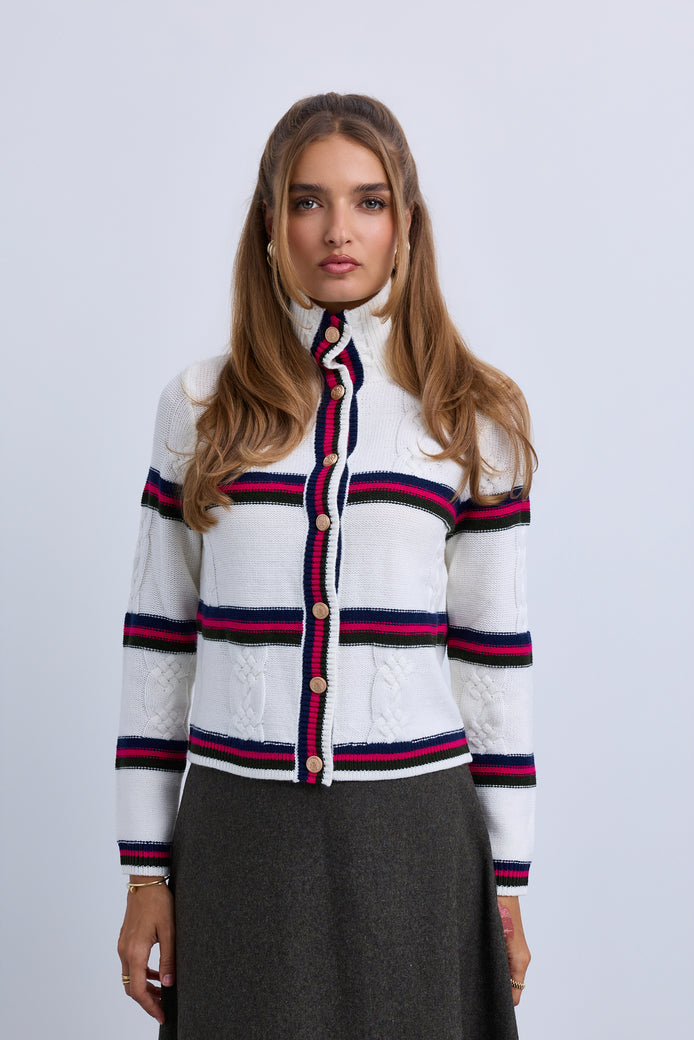 Cable Design Wide Collar Buttoned Cardigan with Stripe Insets