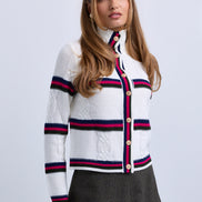Cable Design Wide Collar Buttoned Cardigan with Stripe Insets