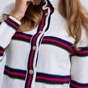 Cable Design Wide Collar Buttoned Cardigan with Stripe Insets