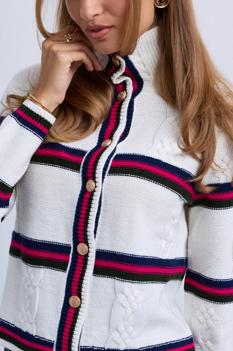 Cable Design Wide Collar Buttoned Cardigan with Stripe Insets