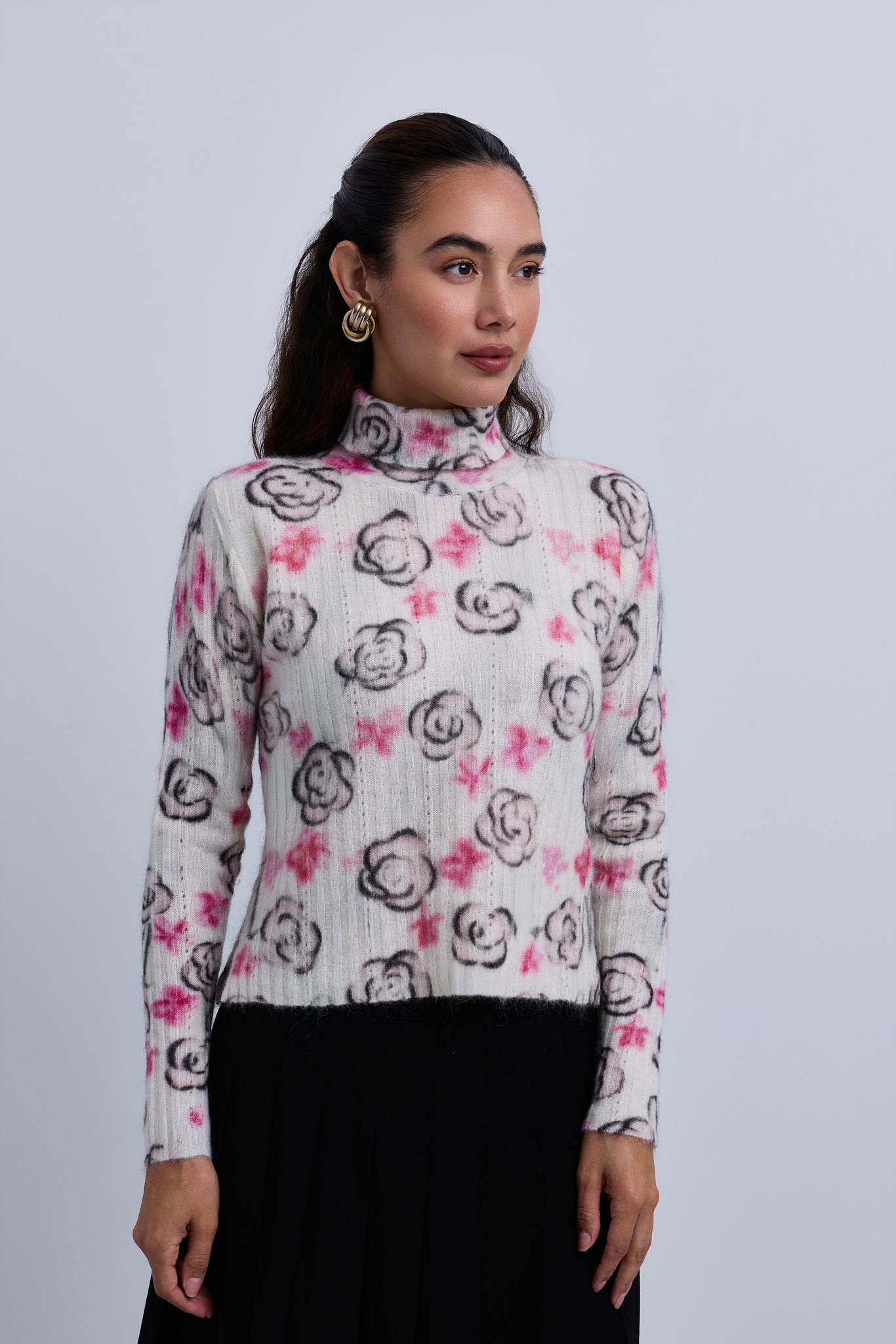All Over Flower Print Roll Neck Top