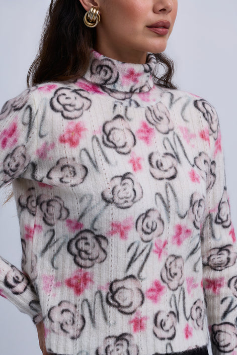 All Over Flower Print Roll Neck Top