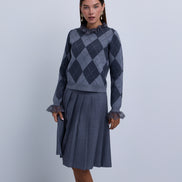 Diamond Design Knit Top with Lace Neckline & Cuffs