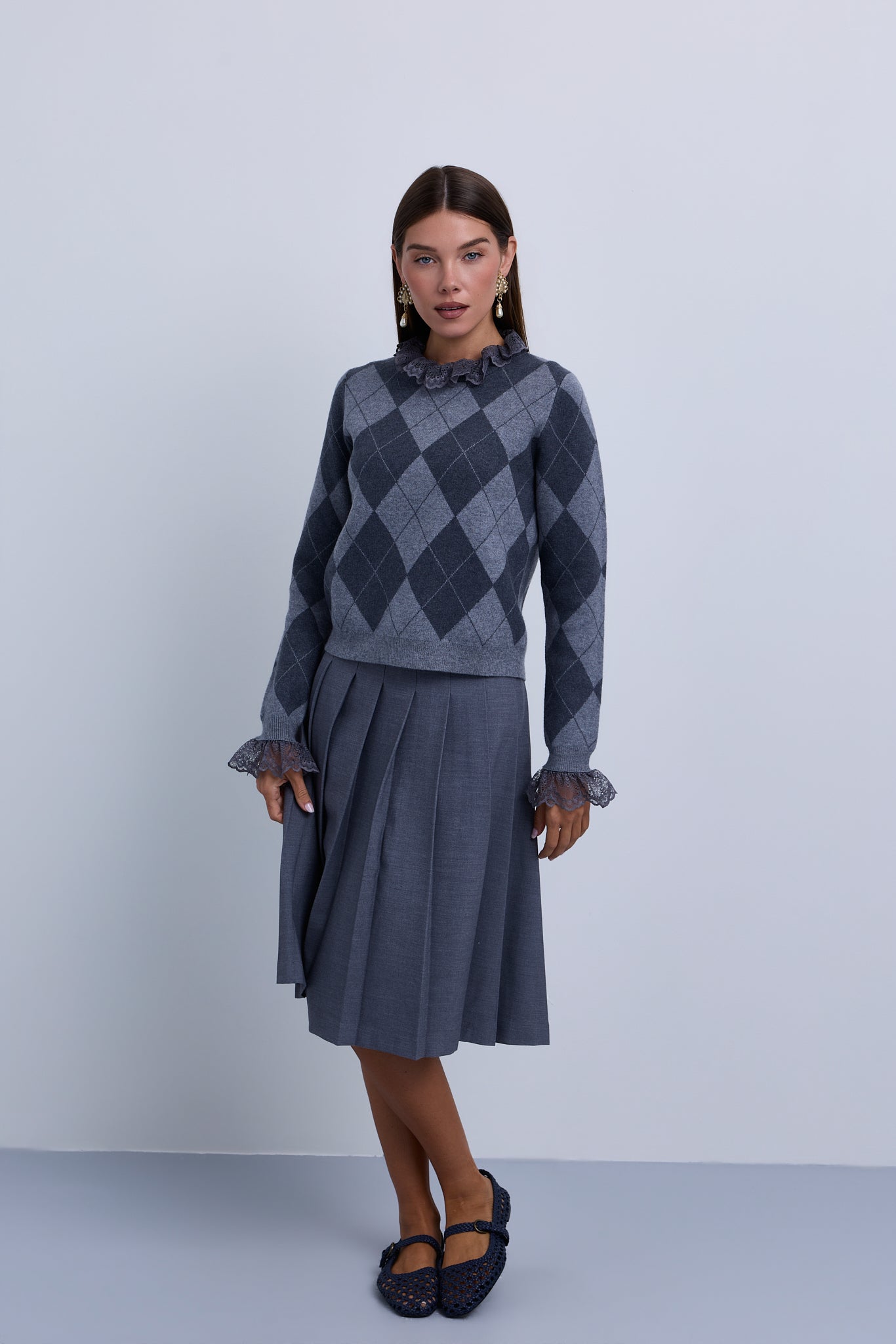 Diamond Design Knit Top with Lace Neckline & Cuffs
