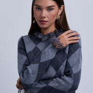 Diamond Design Knit Top with Lace Neckline & Cuffs