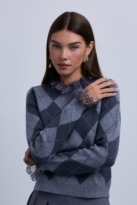 Diamond Design Knit Top with Lace Neckline & Cuffs