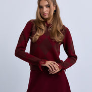 Diamond Design Knit Top with Lace Neckline & Cuffs