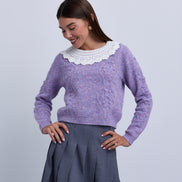 Knit Top with embossed  Stitched Design and Crochet Collar