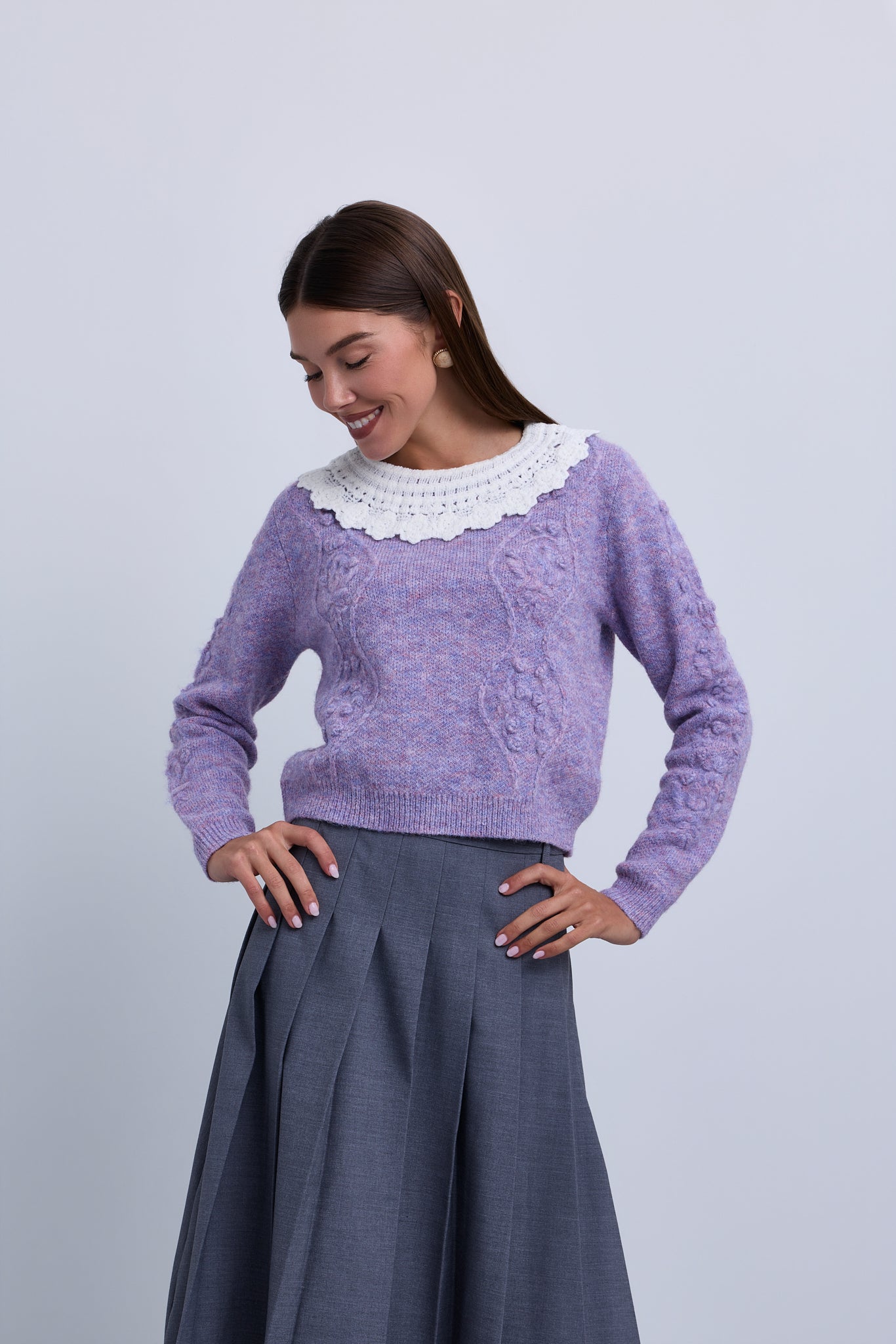 Knit Top with embossed  Stitched Design and Crochet Collar