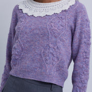 Knit Top with embossed  Stitched Design and Crochet Collar