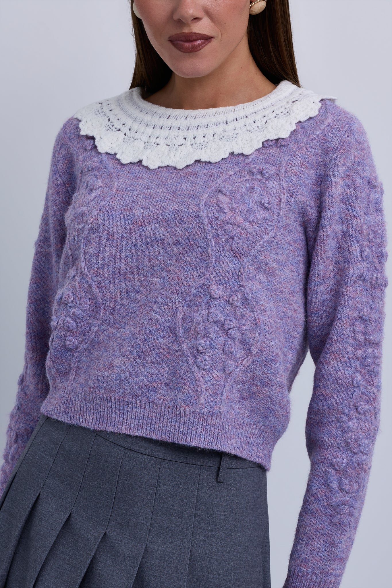 Knit Top with embossed  Stitched Design and Crochet Collar