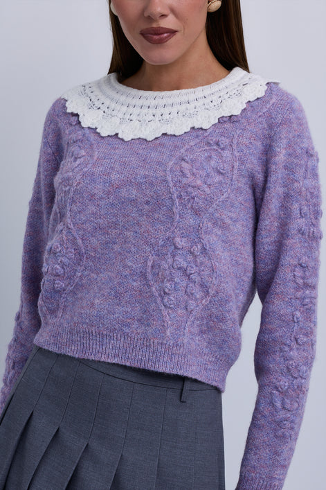 Knit Top with embossed  Stitched Design and Crochet Collar