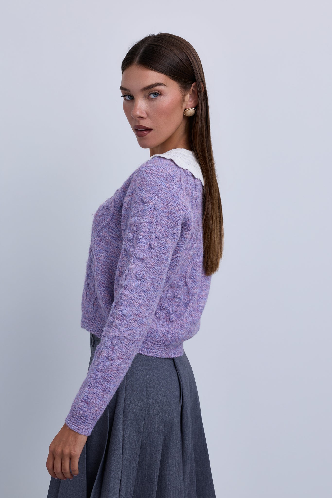 Knit Top with embossed  Stitched Design and Crochet Collar
