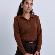 Fine Knit Polo Collar Henley Top with Mini Flowers