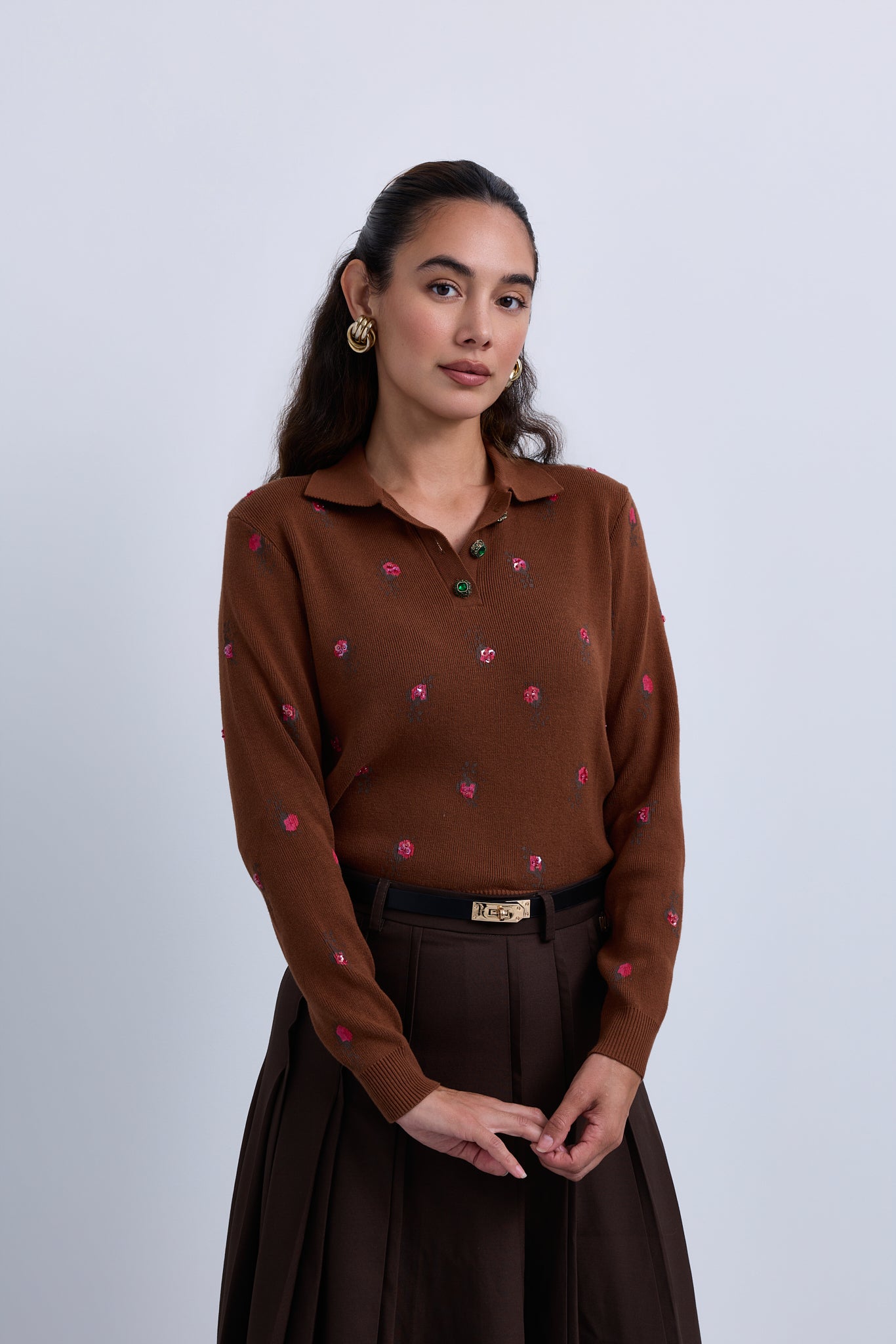 Fine Knit Polo Collar Henley Top with Mini Flowers