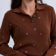 Fine Knit Polo Collar Henley Top with Mini Flowers