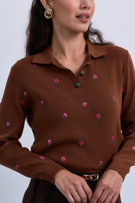 Fine Knit Polo Collar Henley Top with Mini Flowers