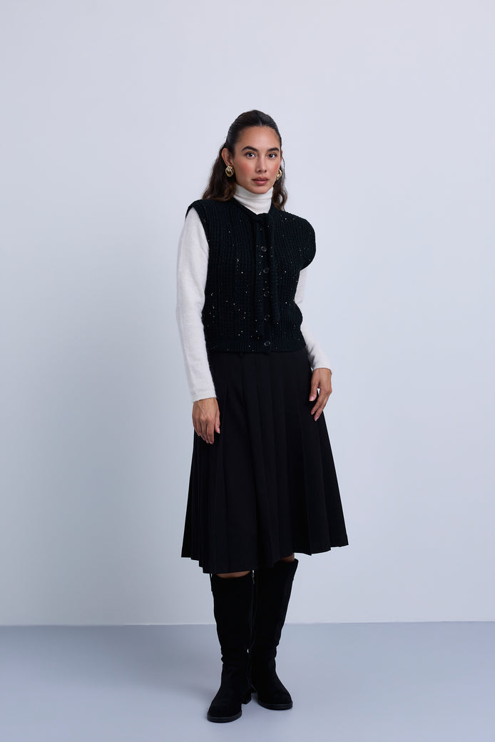 Sequin Yarn Sleeveless Vest with Neck Tie