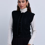 Sequin Yarn Sleeveless Vest with Neck Tie