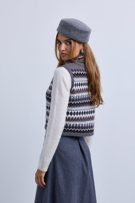 Patterned Knit Sleeveless Roll Neck Top