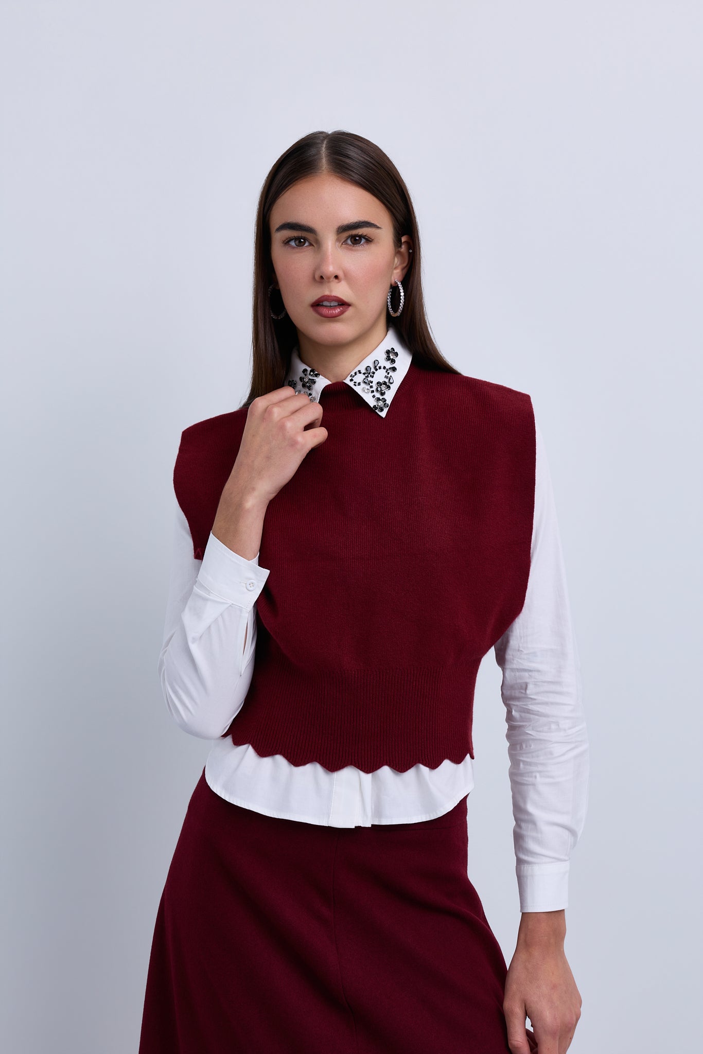 Sleeveless Vest with Scallop Edge and Pin Applique