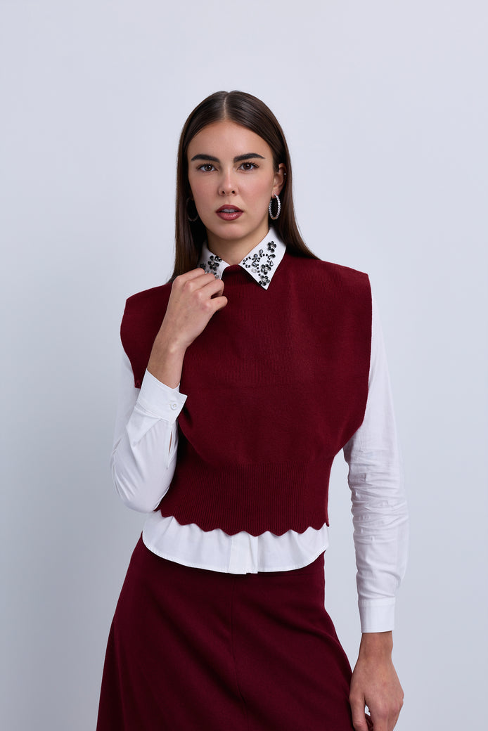 Sleeveless Vest with Scallop Edge and Pin Applique