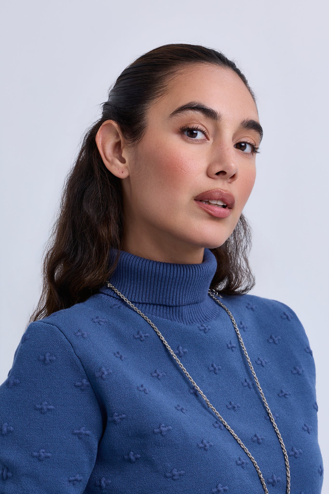 All Over Texture Embossed Knit Polo Neck Top