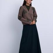 Cable Knit V neck Top with Printed Beaded Flowers and hi neck Insert