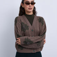 Cable Knit V neck Top with Printed Beaded Flowers and hi neck Insert