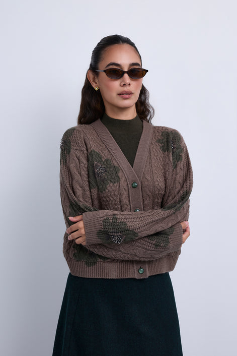 Cable Knit V neck Top with Printed Beaded Flowers and hi neck Insert