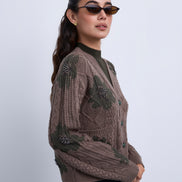 Cable Knit V neck Top with Printed Beaded Flowers and hi neck Insert