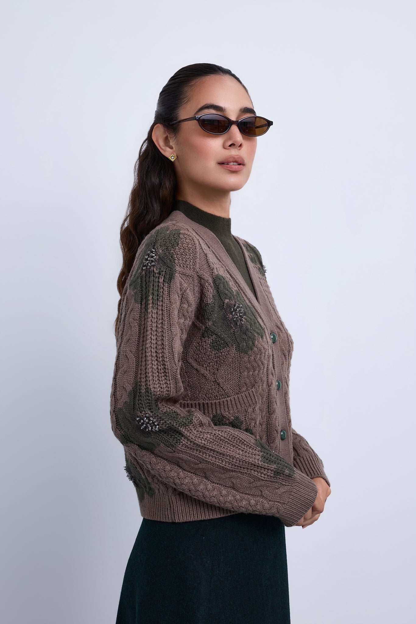 Cable Knit V neck Top with Printed Beaded Flowers and hi neck Insert