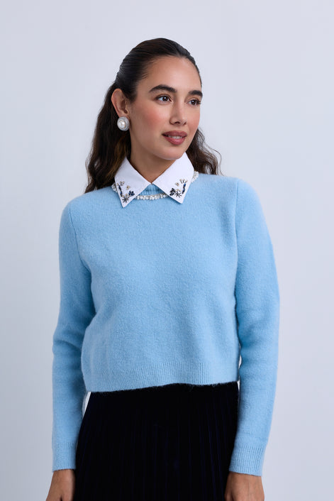 Beaded Neckline Knit Top with Beaded Shirt Collar