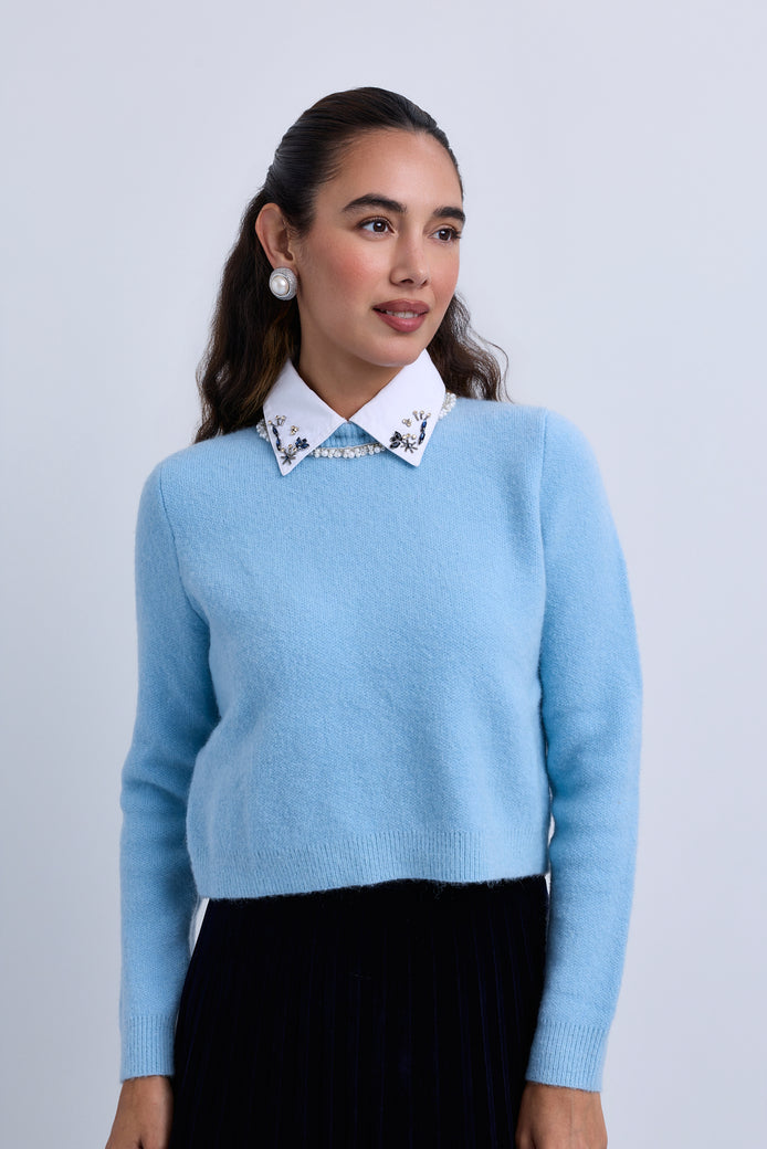 Beaded Neckline Knit Top with Beaded Shirt Collar