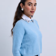 Beaded Neckline Knit Top with Beaded Shirt Collar