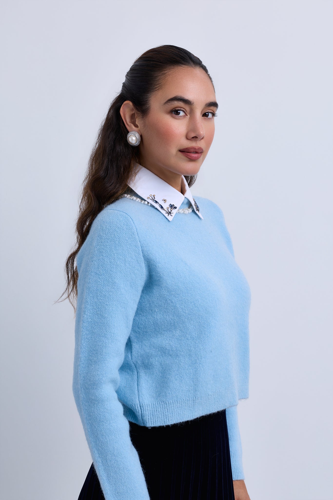 Beaded Neckline Knit Top with Beaded Shirt Collar