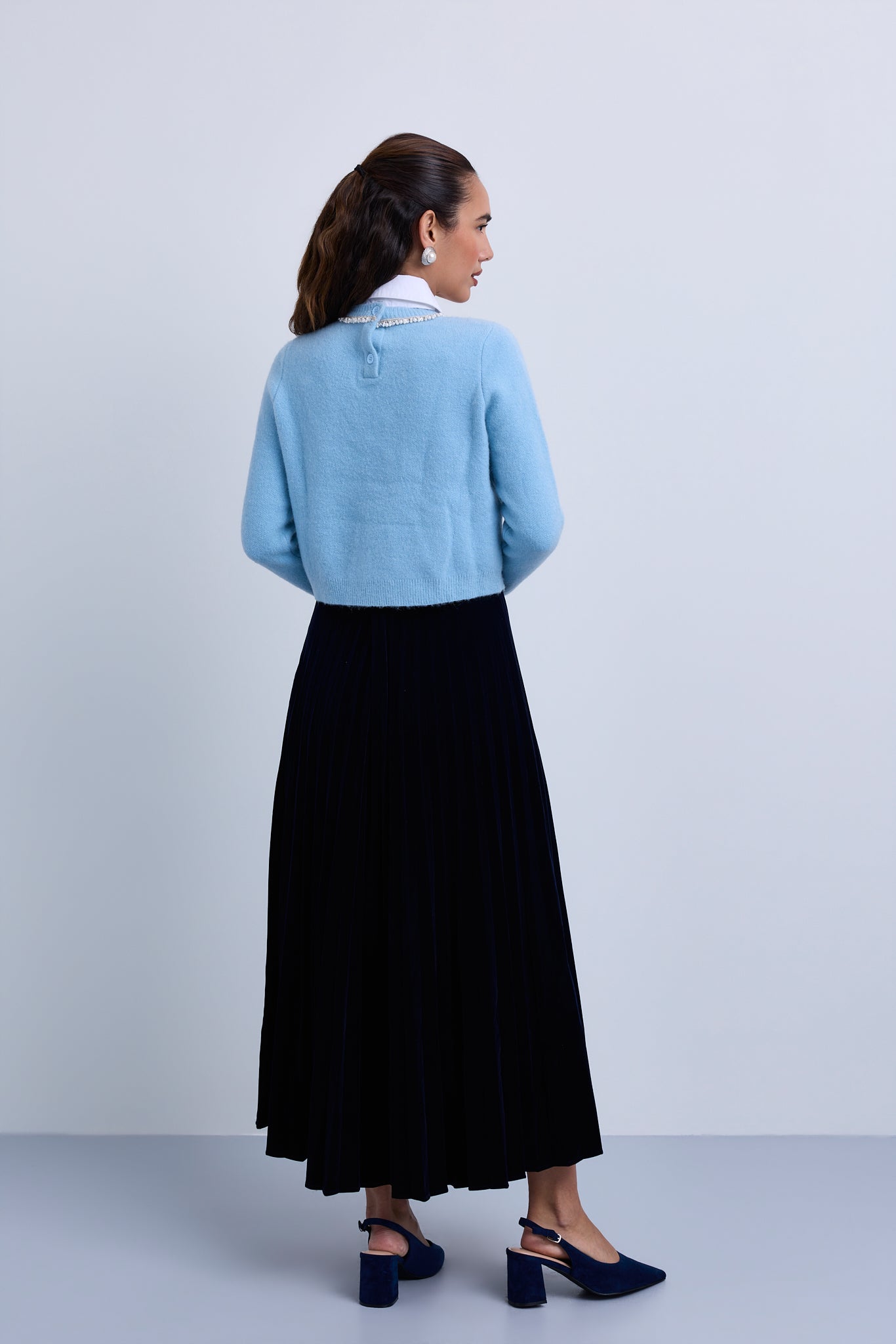 Beaded Neckline Knit Top with Beaded Shirt Collar