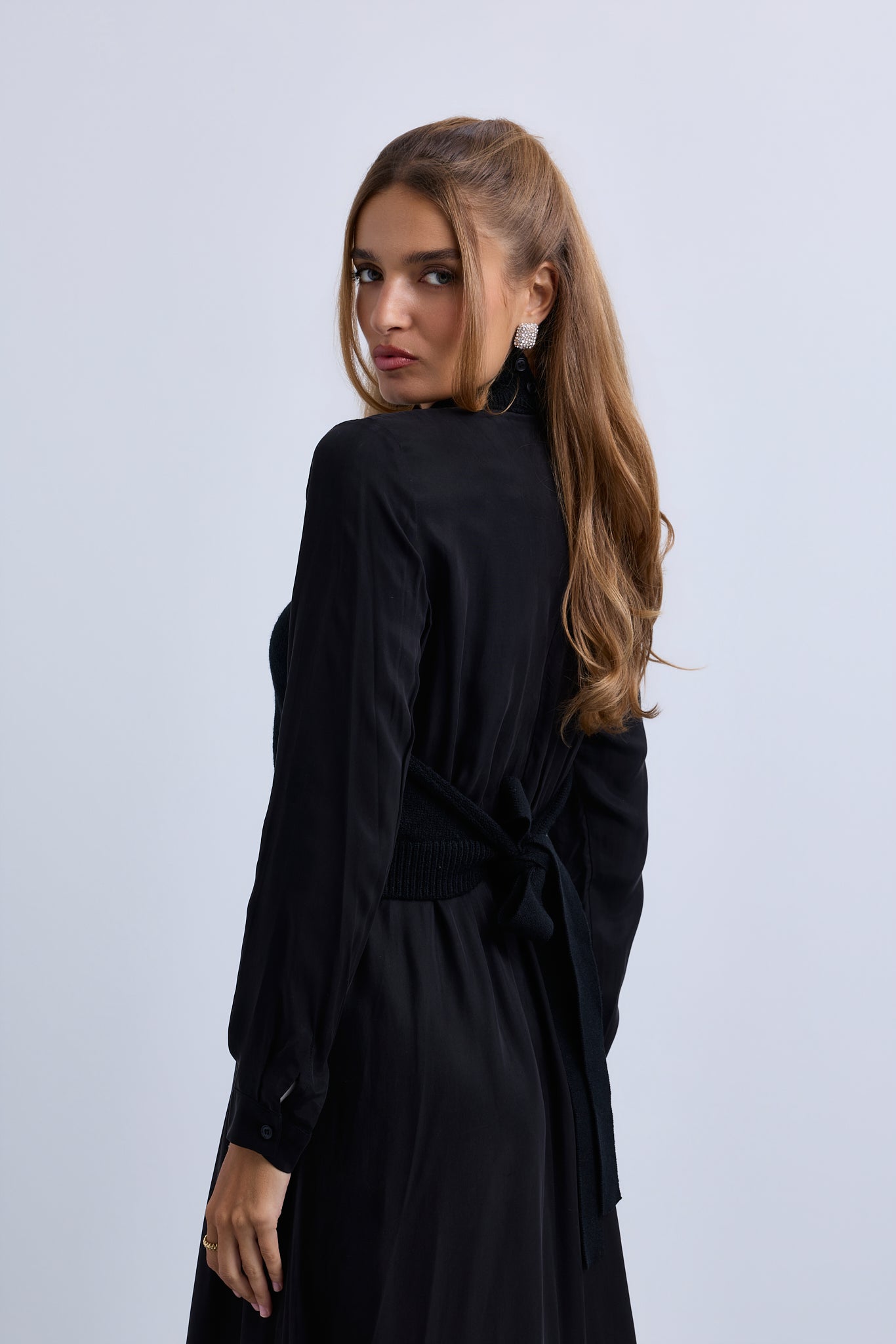 Back Tie Knitted Vest and Cupro Combined Maxi Dress