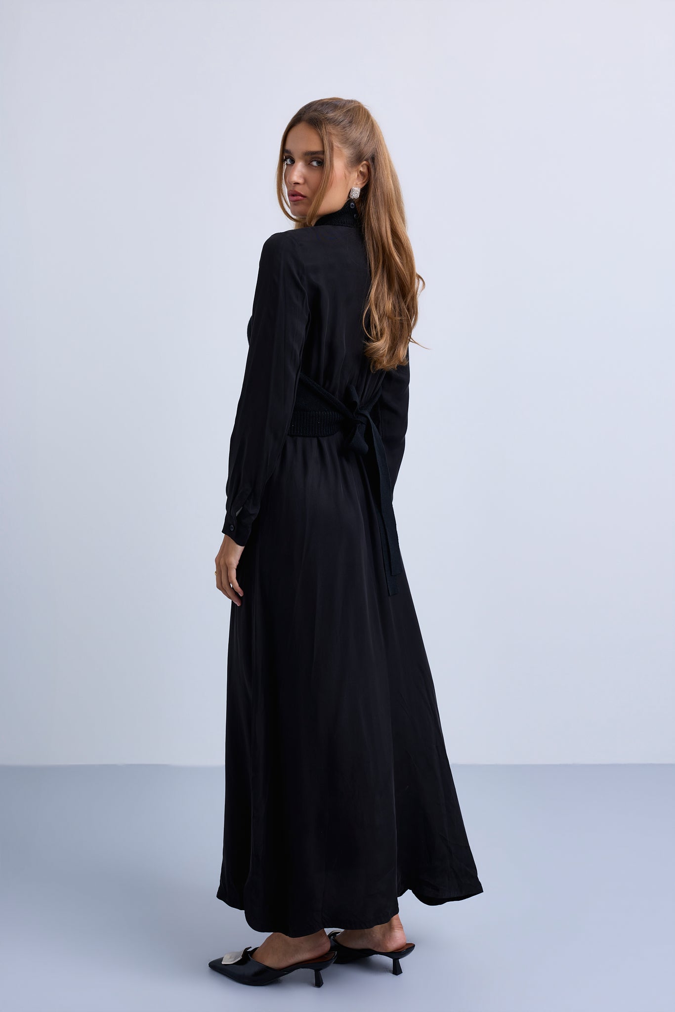 Back Tie Knitted Vest and Cupro Combined Maxi Dress