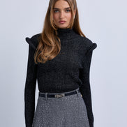 Lurex High Neck Top with Pipe Effect Armholes