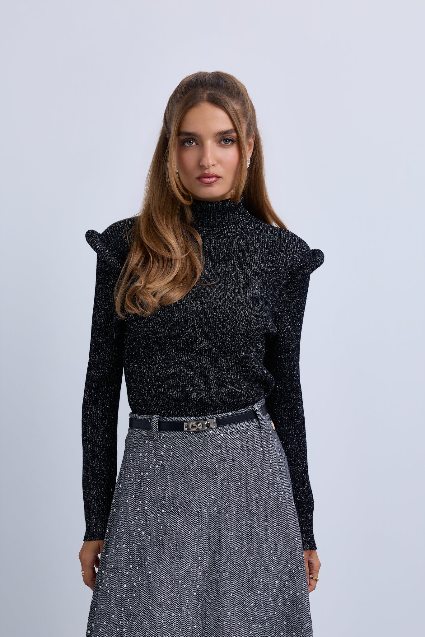 Lurex High Neck Top with Pipe Effect Armholes