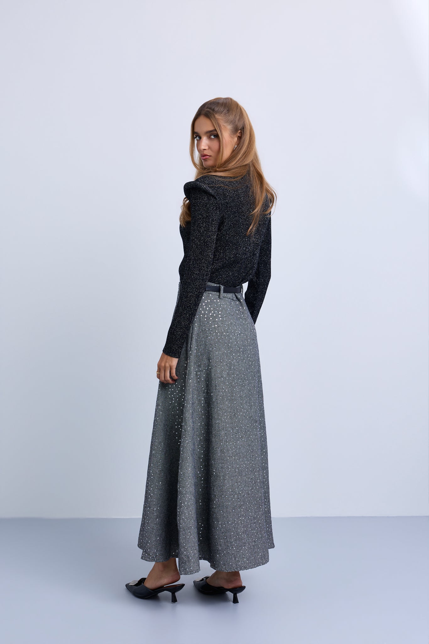 Lurex High Neck Top with Pipe Effect Armholes
