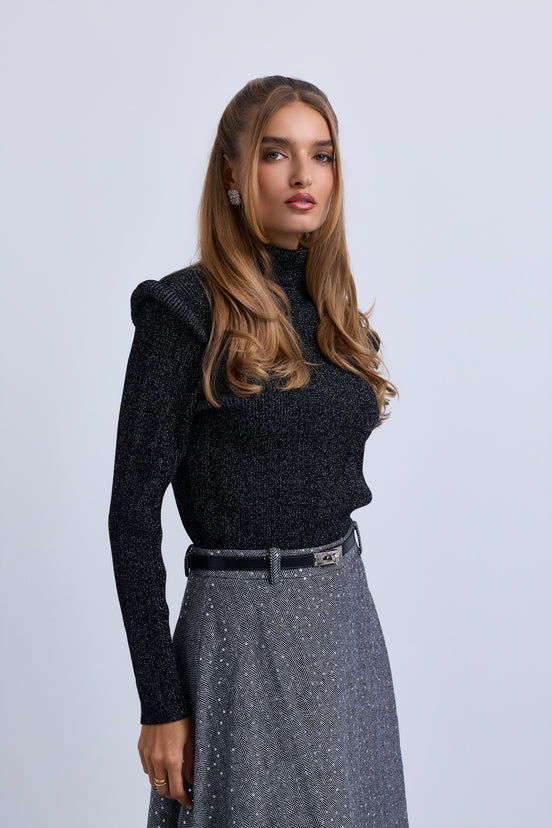 Lurex High Neck Top with Pipe Effect Armholes