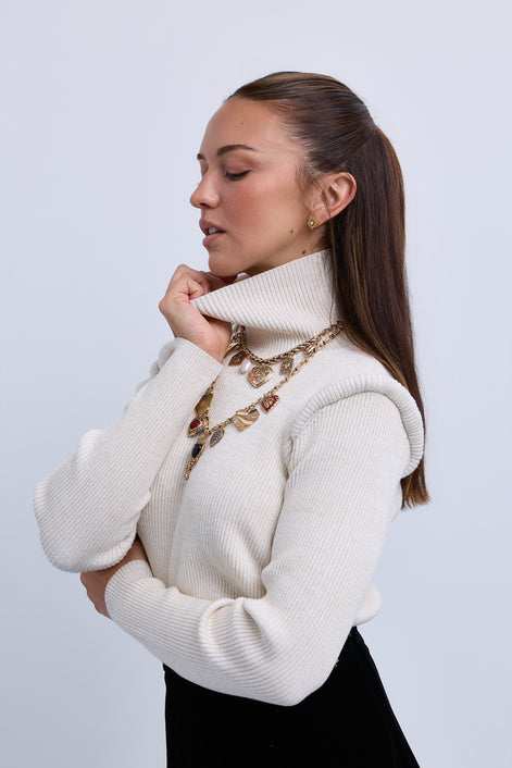 Lurex High Neck Top with Pipe Effect Armholes