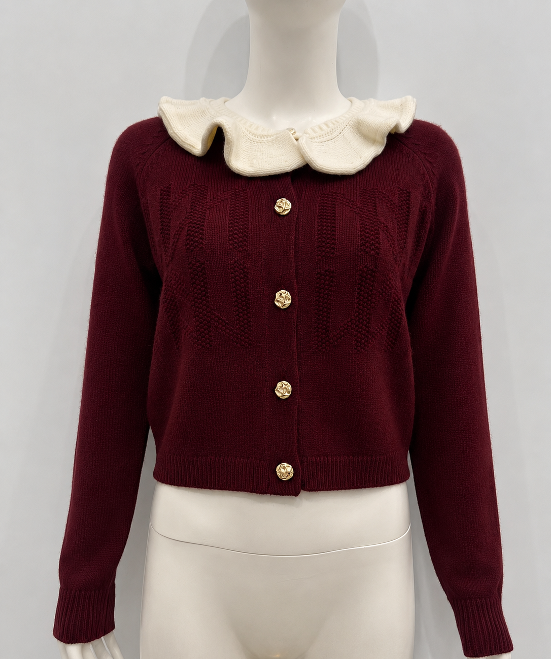 Design Knit Button Front Cardigan With Fluted Contrast Collar