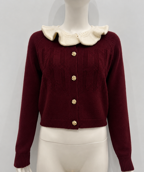 Design Knit Button Front Cardigan With Fluted Contrast Collar