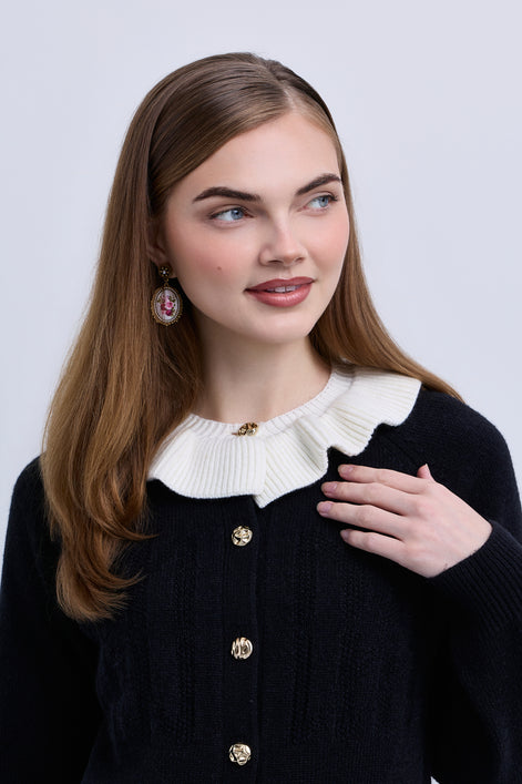 Design Knit Button Front Cardigan With Fluted Contrast Collar