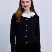 Design Knit Button Front Cardigan With Fluted Contrast Collar