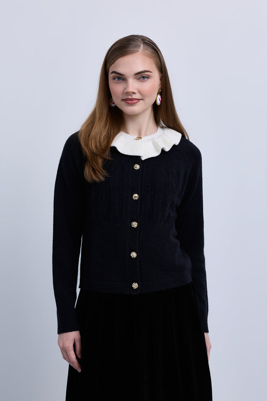 Design Knit Button Front Cardigan With Fluted Contrast Collar